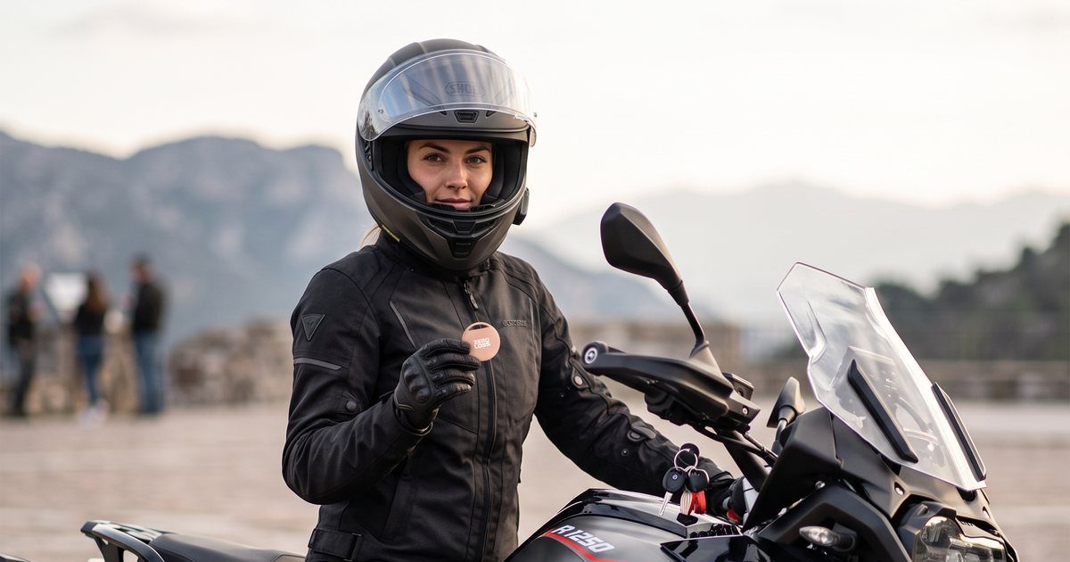 A rider on a motorcycle holding a ZeroLoss tracker