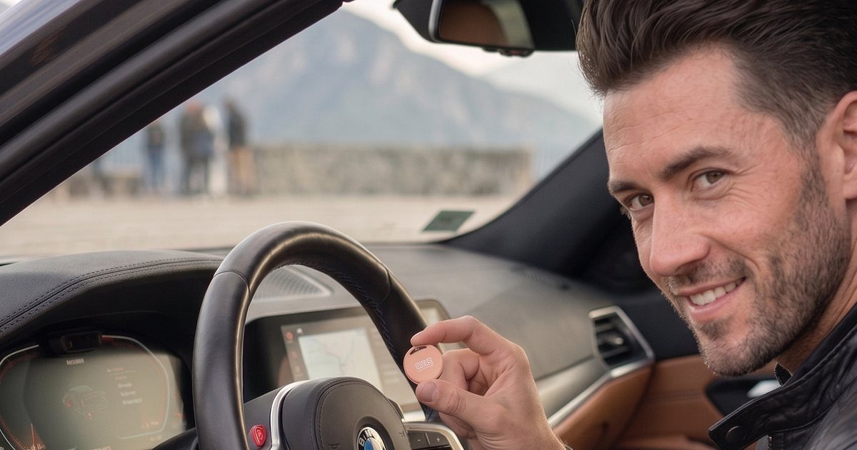 A driver holding a ZeroLoss tracker at the wheel of a car