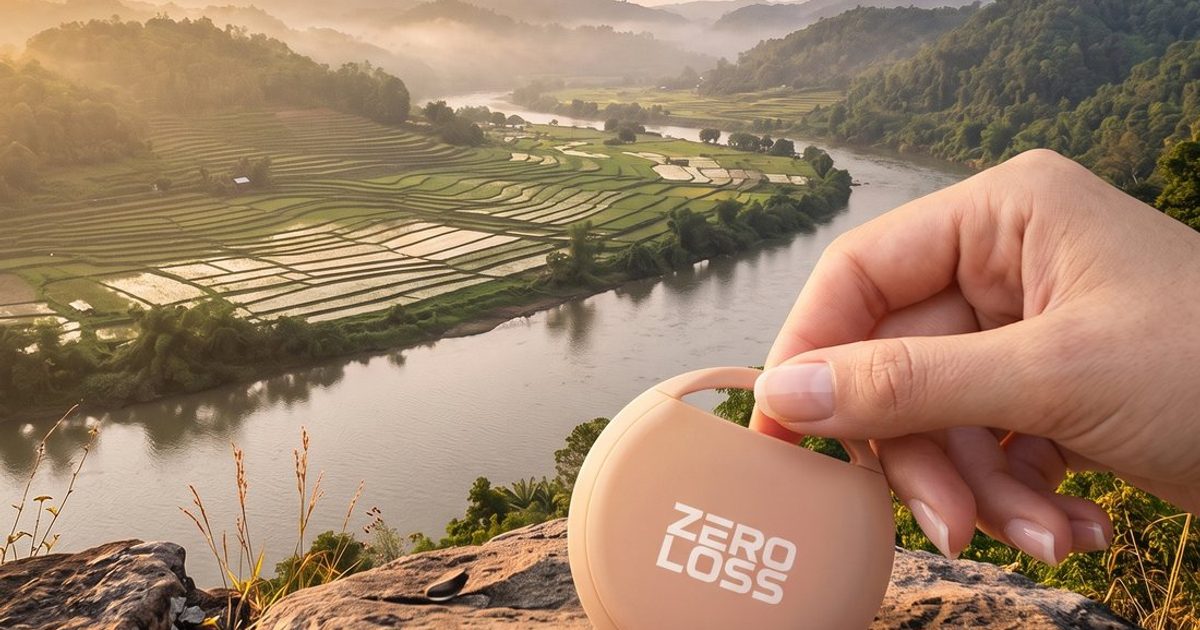 A hand holding the ZeroLoss tracker above a river valley
