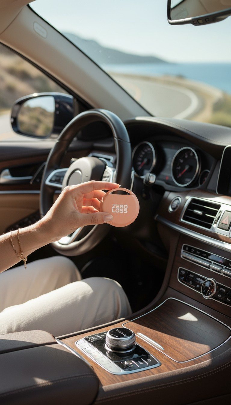 A hand holding the ZeroLoss tracker inside a car on a coastal road