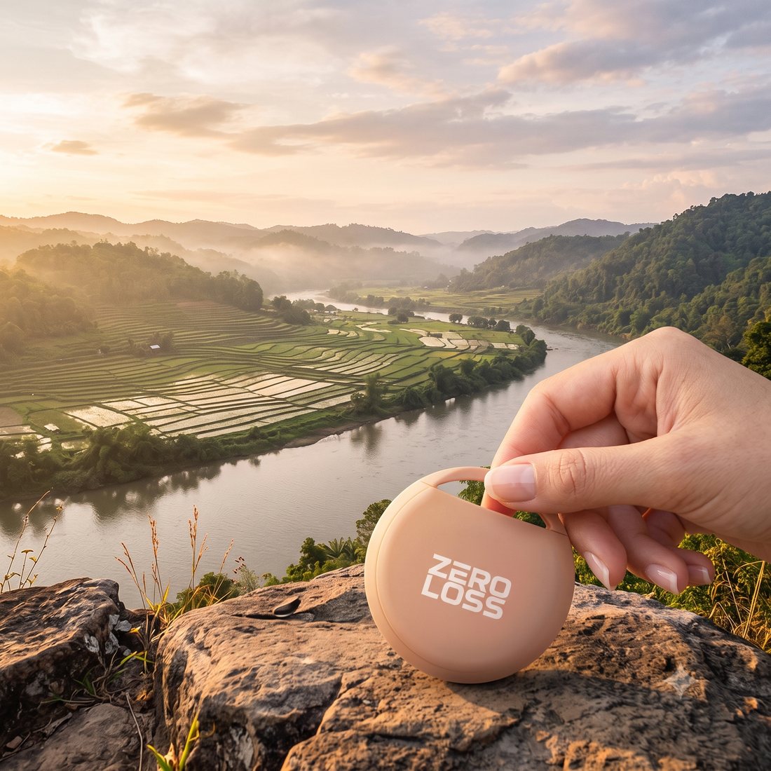The ZeroLoss tracker held above a river valley at sunrise