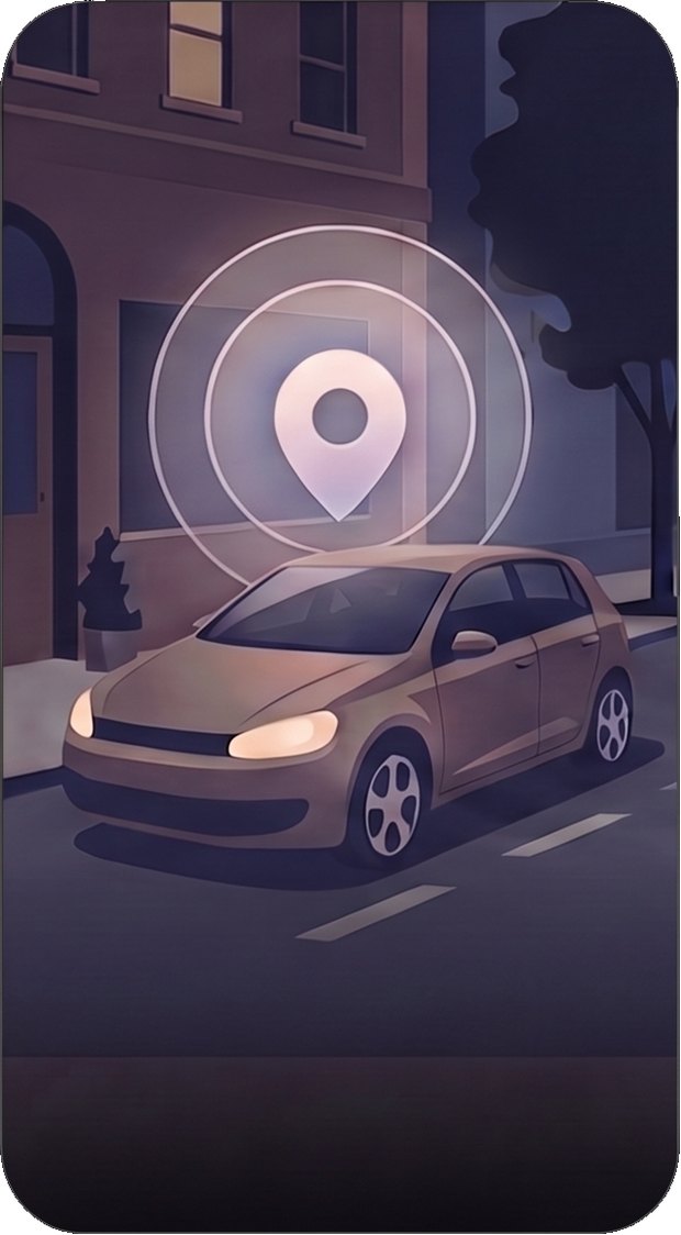 A car parked on a night street with a location pin hovering above it